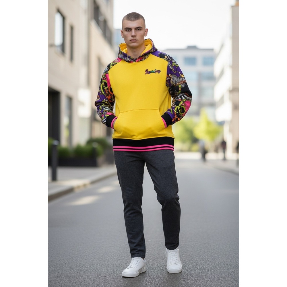 Switch Legendary Hoodie Mens size Medium Yellow Multi Color Patterned Sleeve